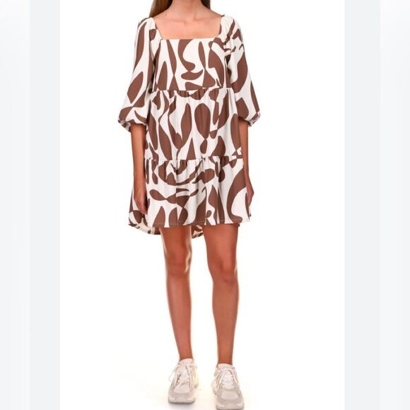 SANCTUARY Animal print Weekender Puff Sleeves Above Knee  Dress Brown Ivory SZ S - Picture 1 of 10